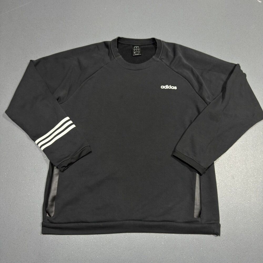Adidas Sweatshirt Mens XL Black French Terry Three Stripe Sleeve Crewneck